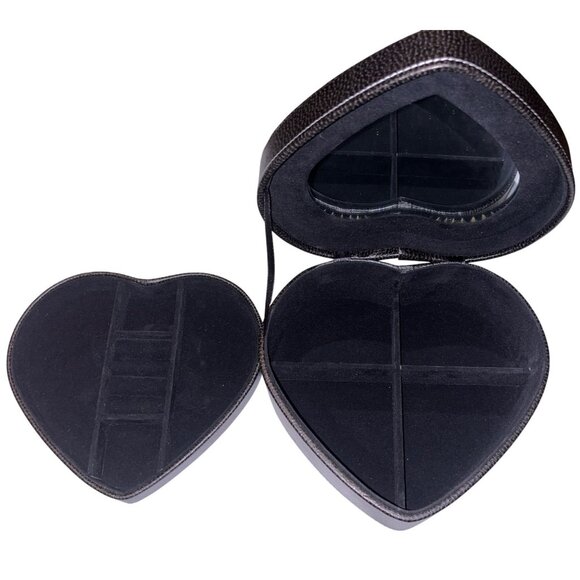 Heart-Shaped Black Faux Leather Jewelry Box With Velvet Interior & Mirror - Picture 1 of 7